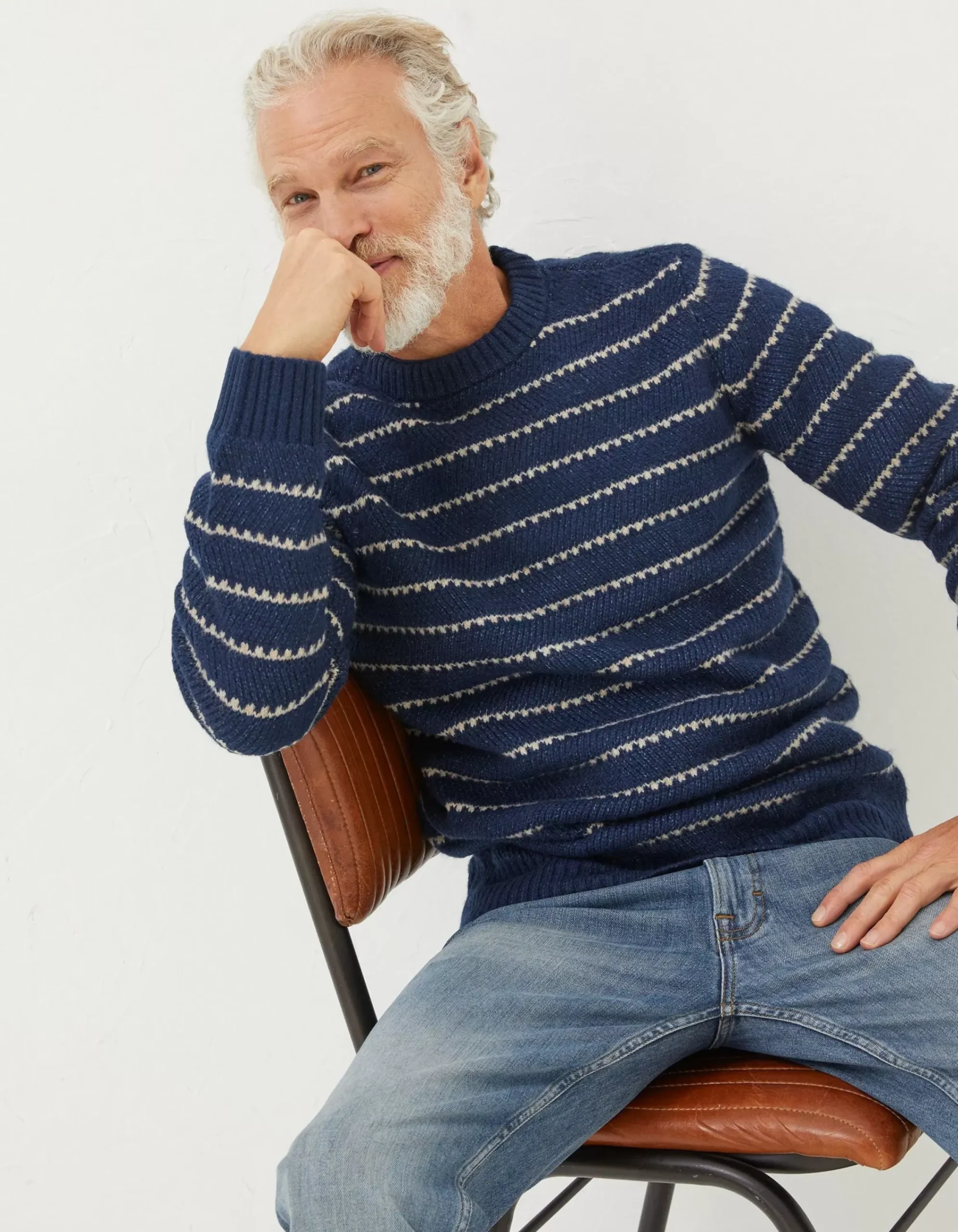 Men FatFace Knitwear|Calder Stripe Crew Jumper