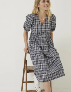Women FatFace Dresses|Hannah Puff Sleeve Check Midi Dress