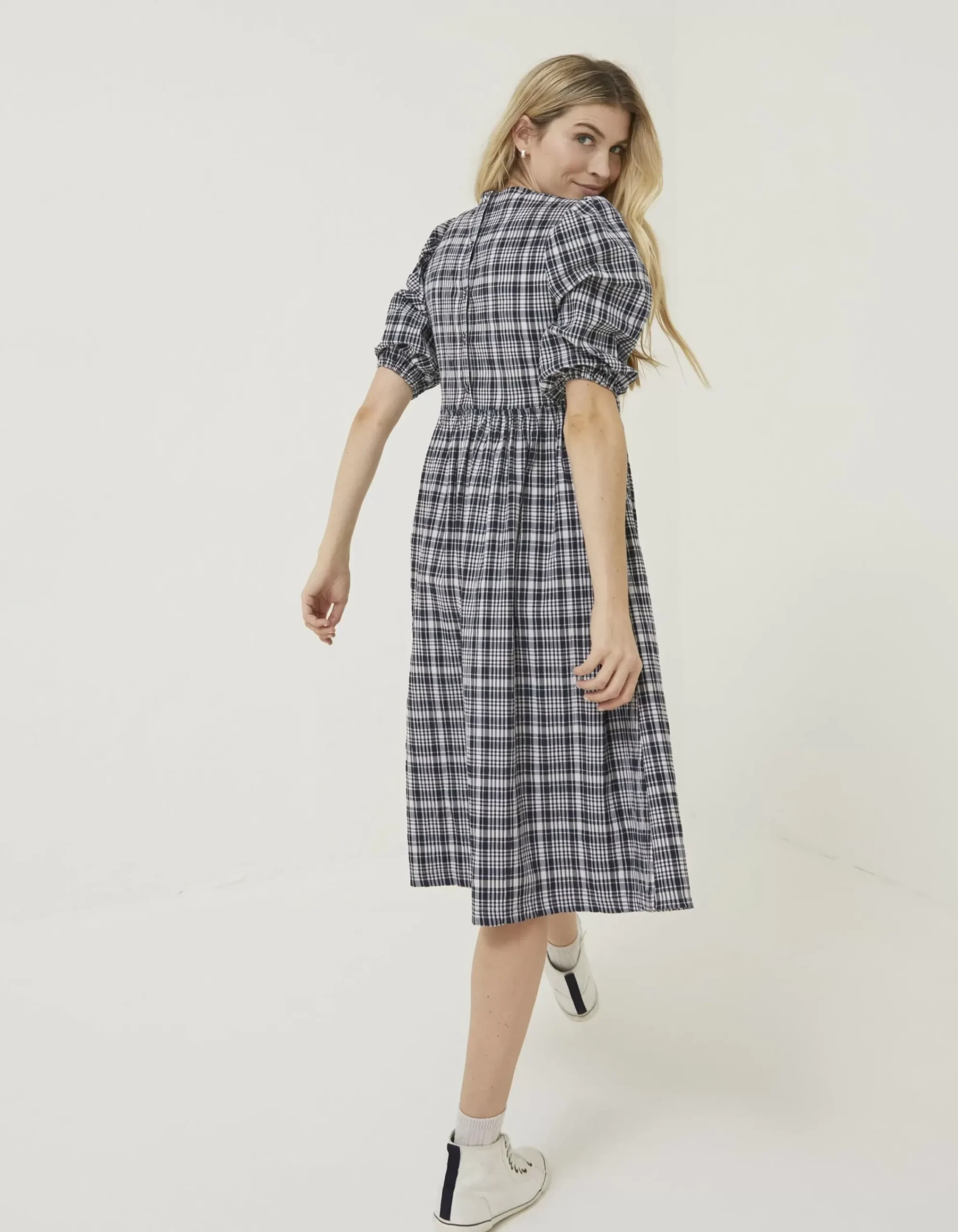 Women FatFace Dresses|Hannah Puff Sleeve Check Midi Dress