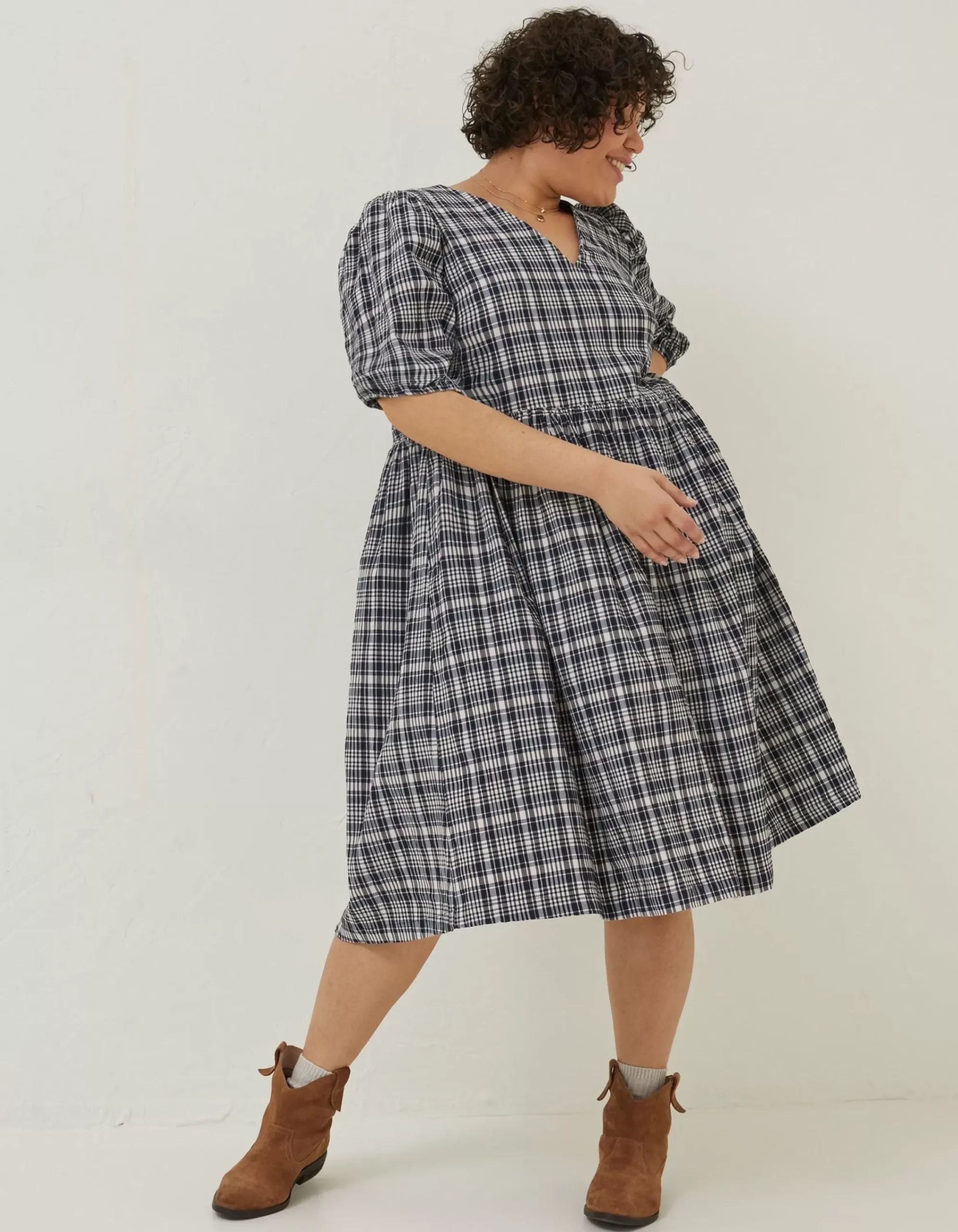Women FatFace Dresses|Hannah Puff Sleeve Check Midi Dress