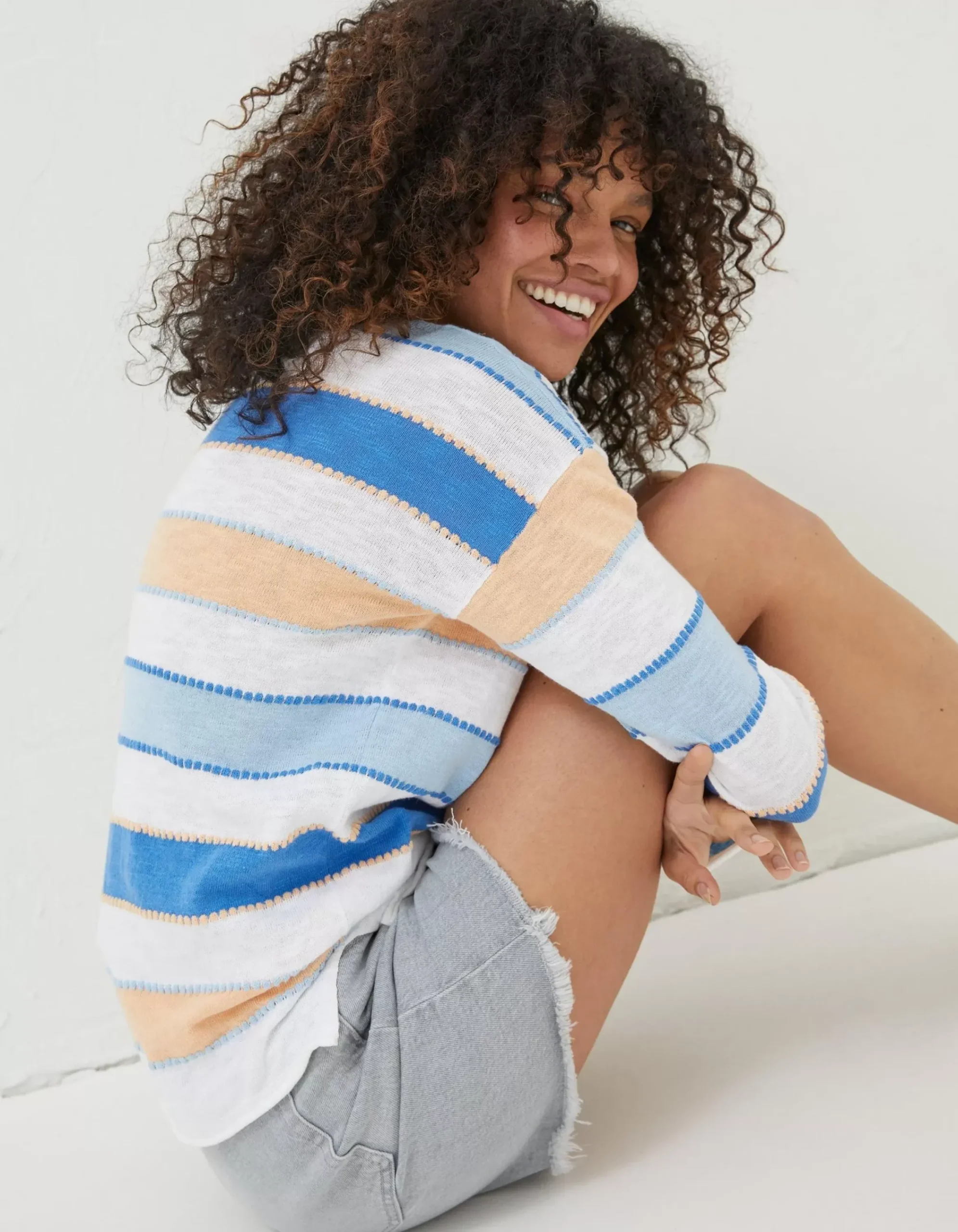 Women FatFace Knitwear|Isobella Cotton Linen Stripe Jumper