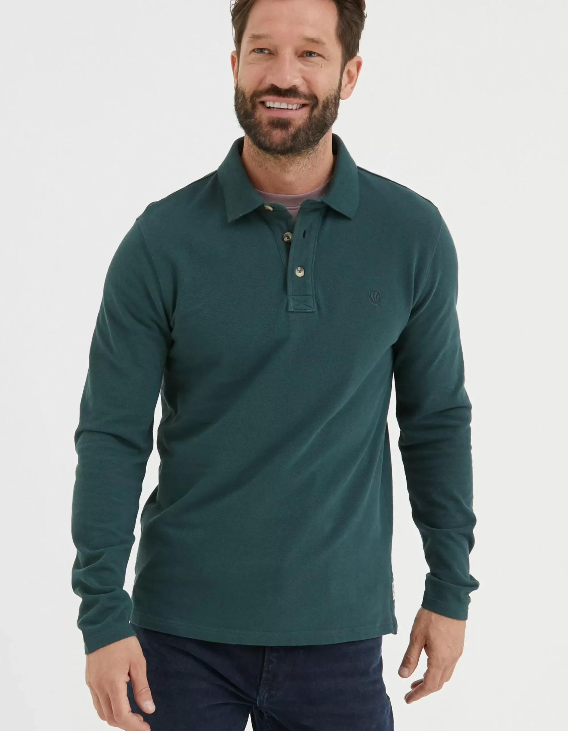 Men FatFace Polo Shirts|Long Sleeve Organic Pique Polo