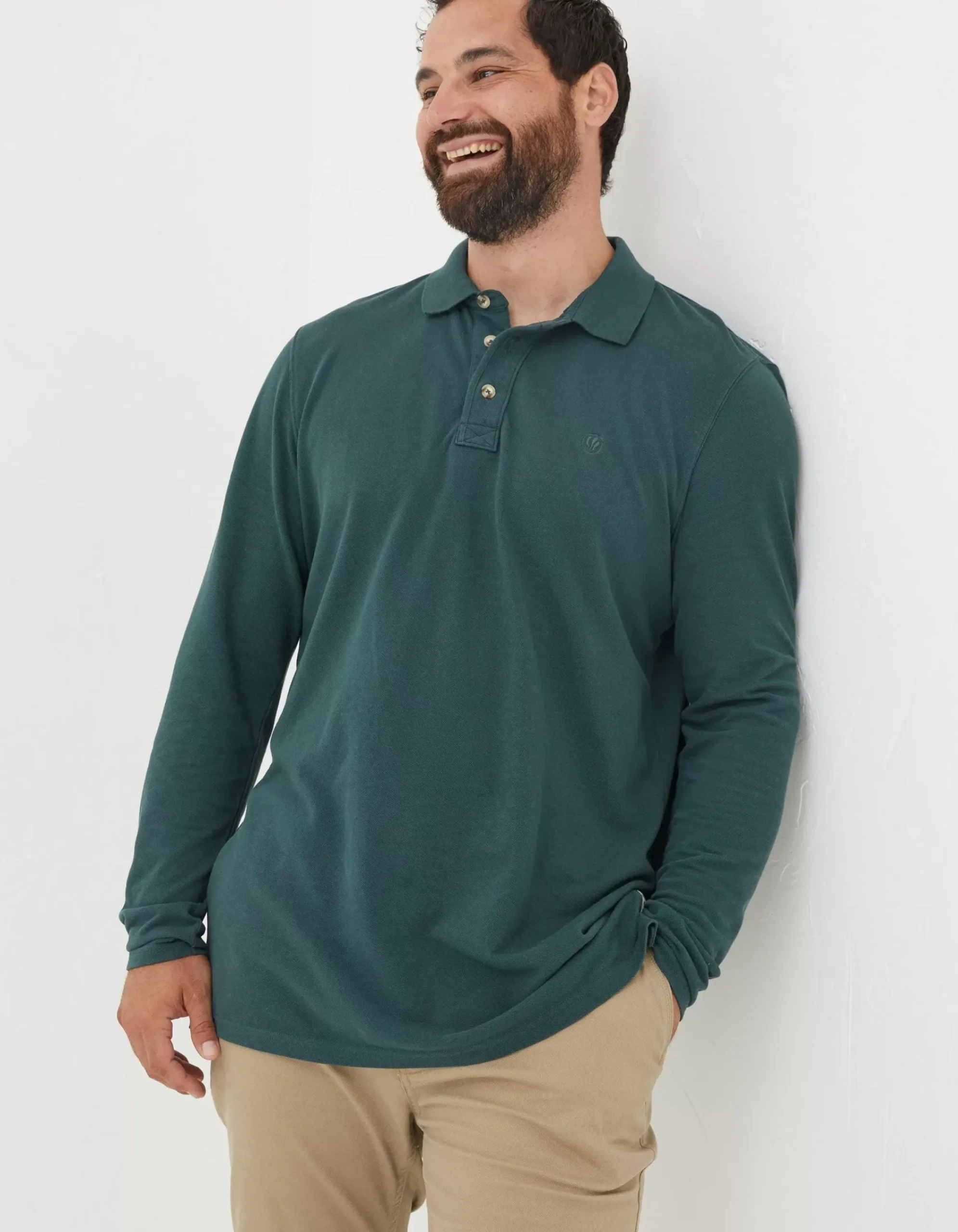 Men FatFace Polo Shirts|Long Sleeve Organic Pique Polo