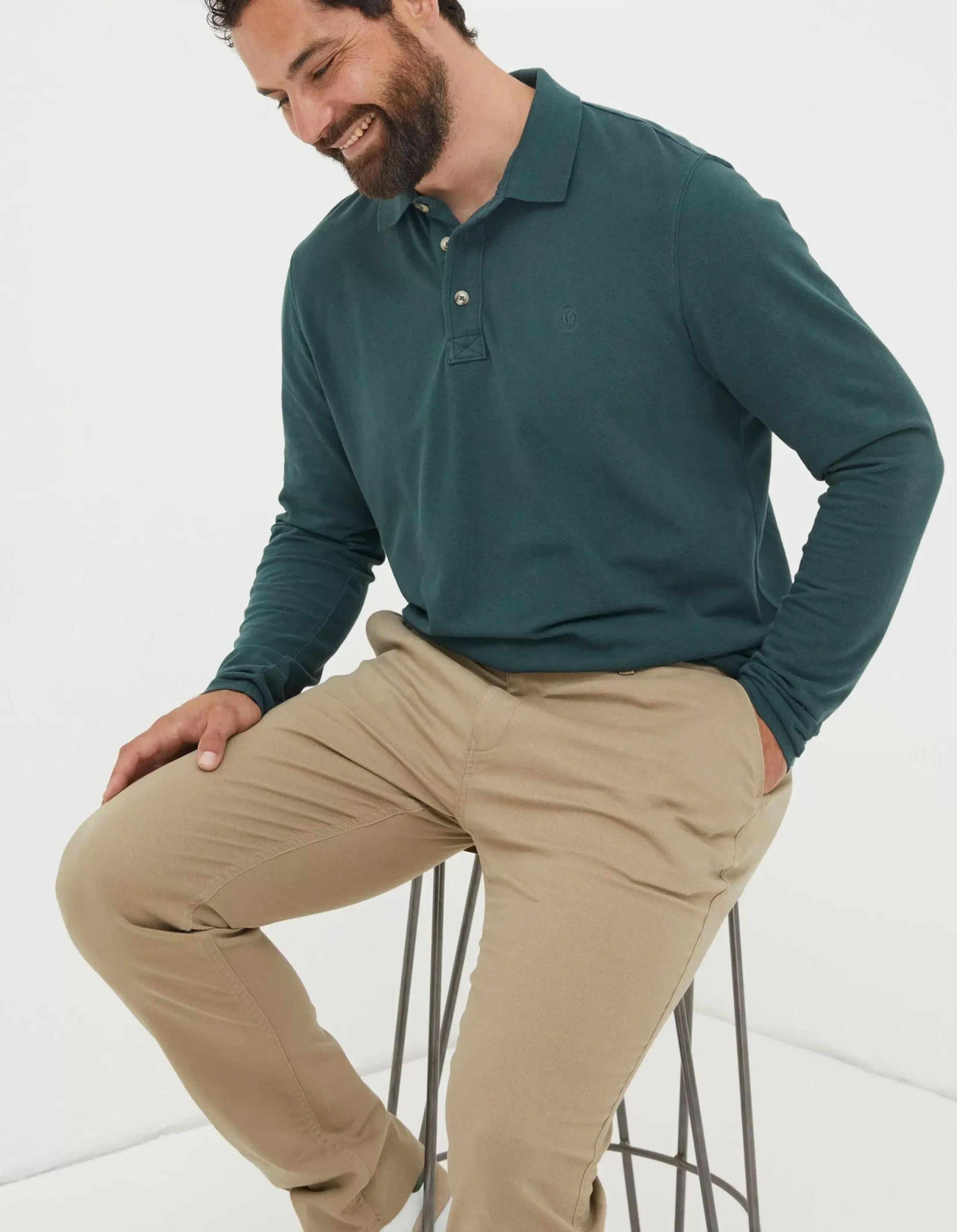 Men FatFace Polo Shirts|Long Sleeve Organic Pique Polo