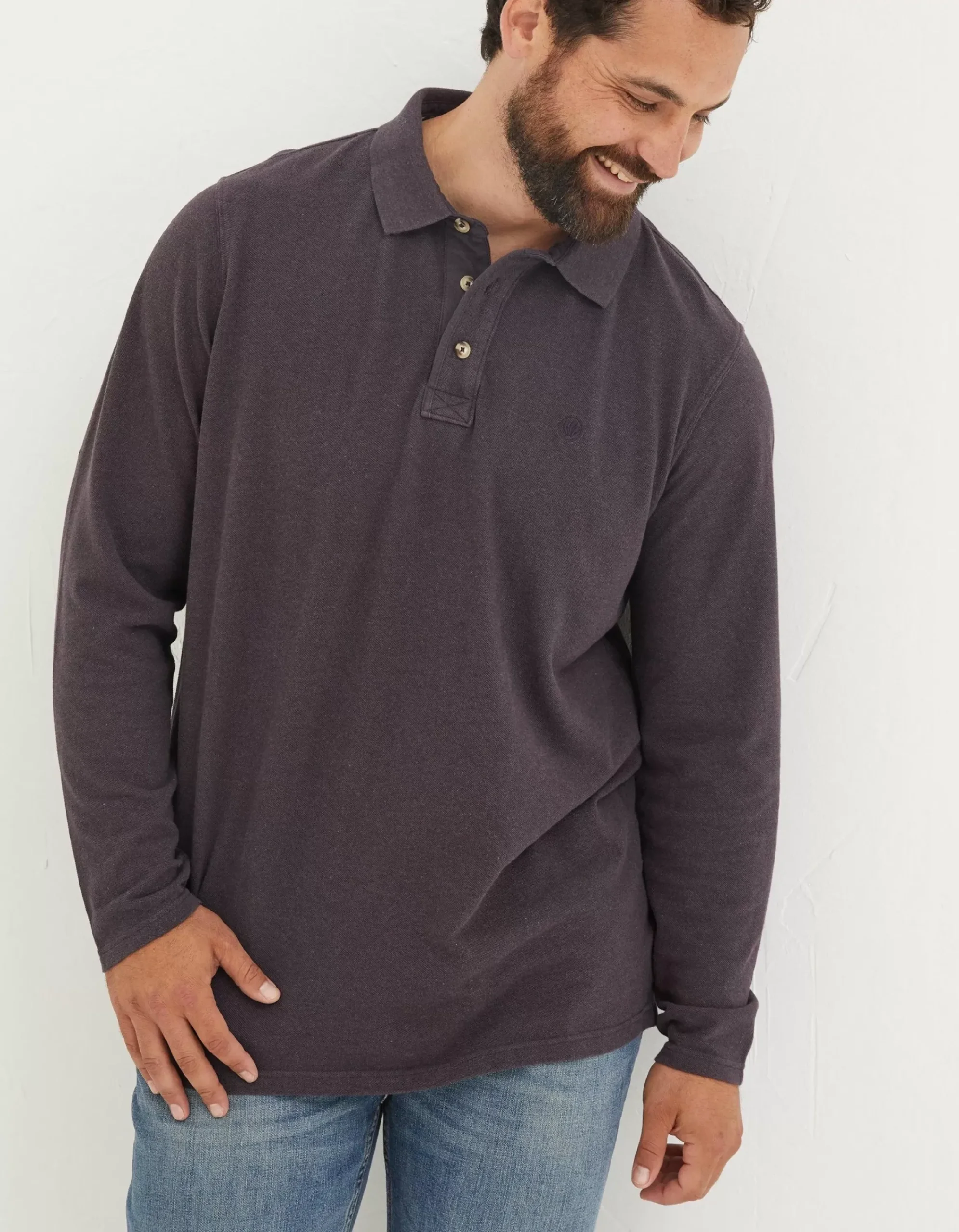 Men FatFace Polo Shirts|Long Sleeve Organic Pique Polo