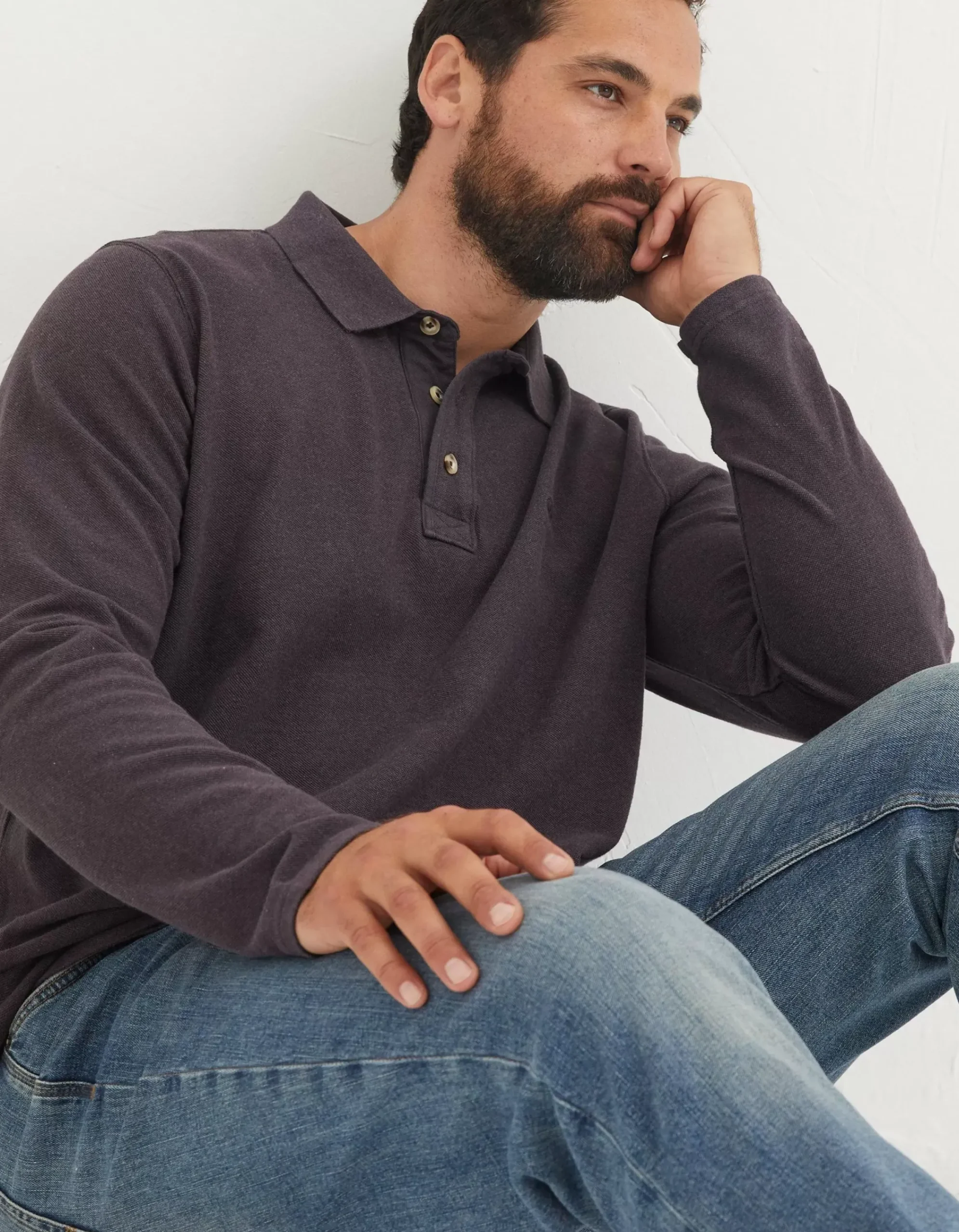 Men FatFace Polo Shirts|Long Sleeve Organic Pique Polo