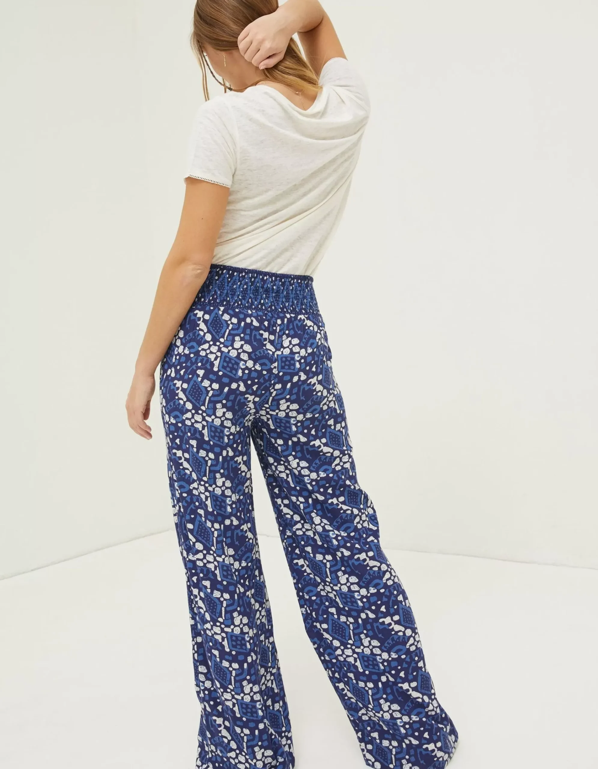 Women FatFace Trousers & Leggings|Shirred Geo Batik Palazzo