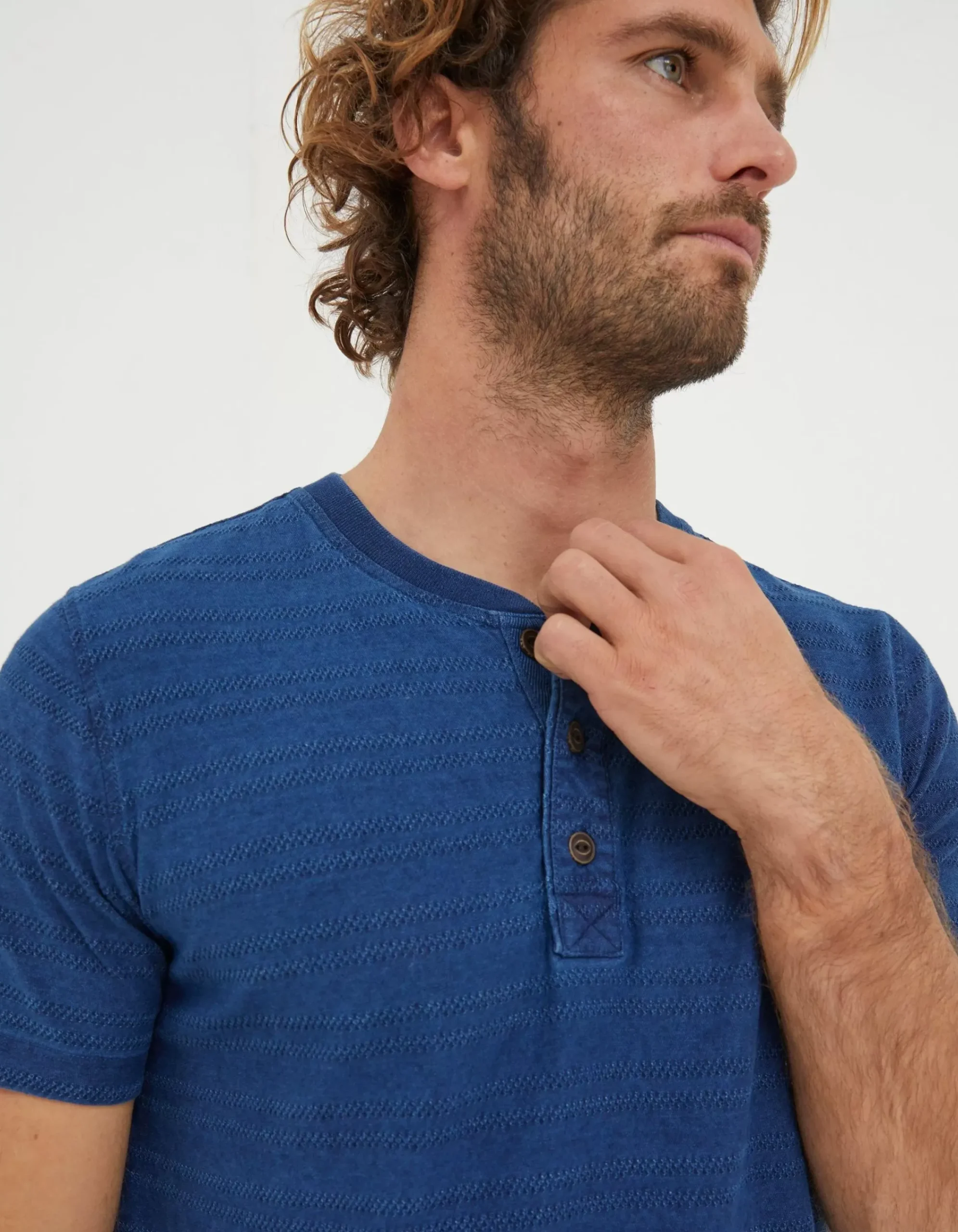 Men FatFace View All|Short Sleeve Indigo Texture Henley