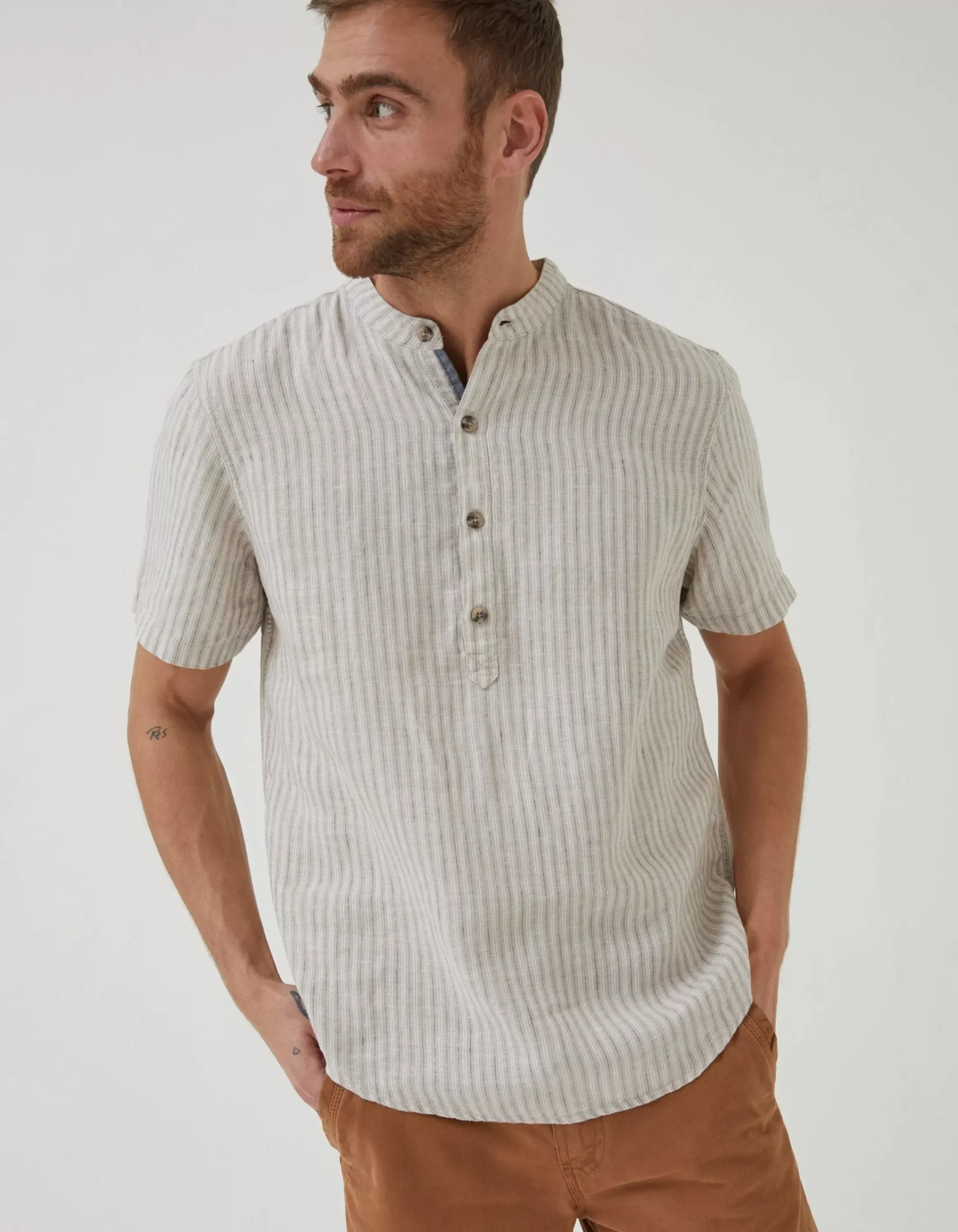 Men FatFace Shirts|Stripe Pop Over Linen Shirt