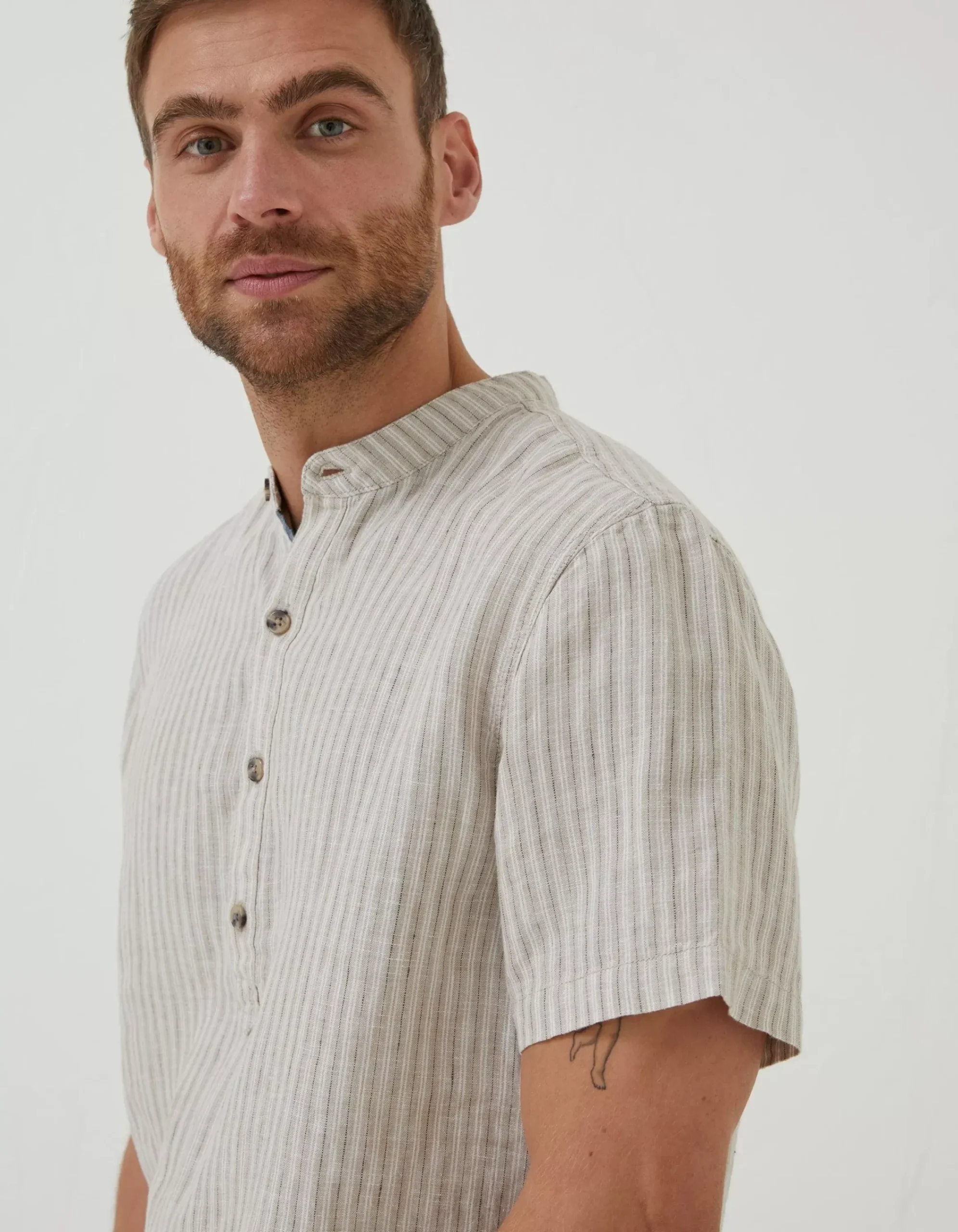 Men FatFace Shirts|Stripe Pop Over Linen Shirt
