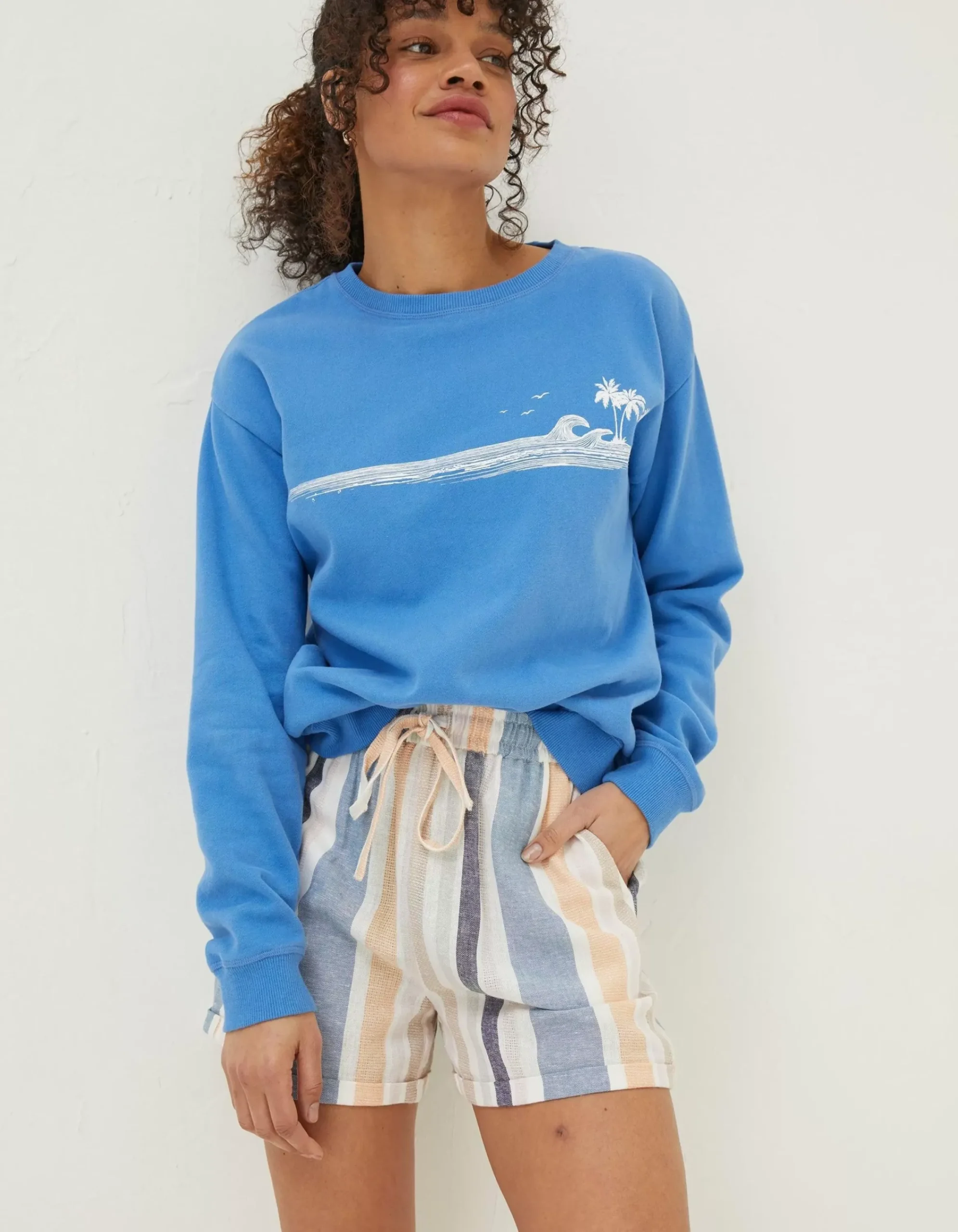 Women FatFace Shorts|Tenby Multi Stripe Linen Blend Short