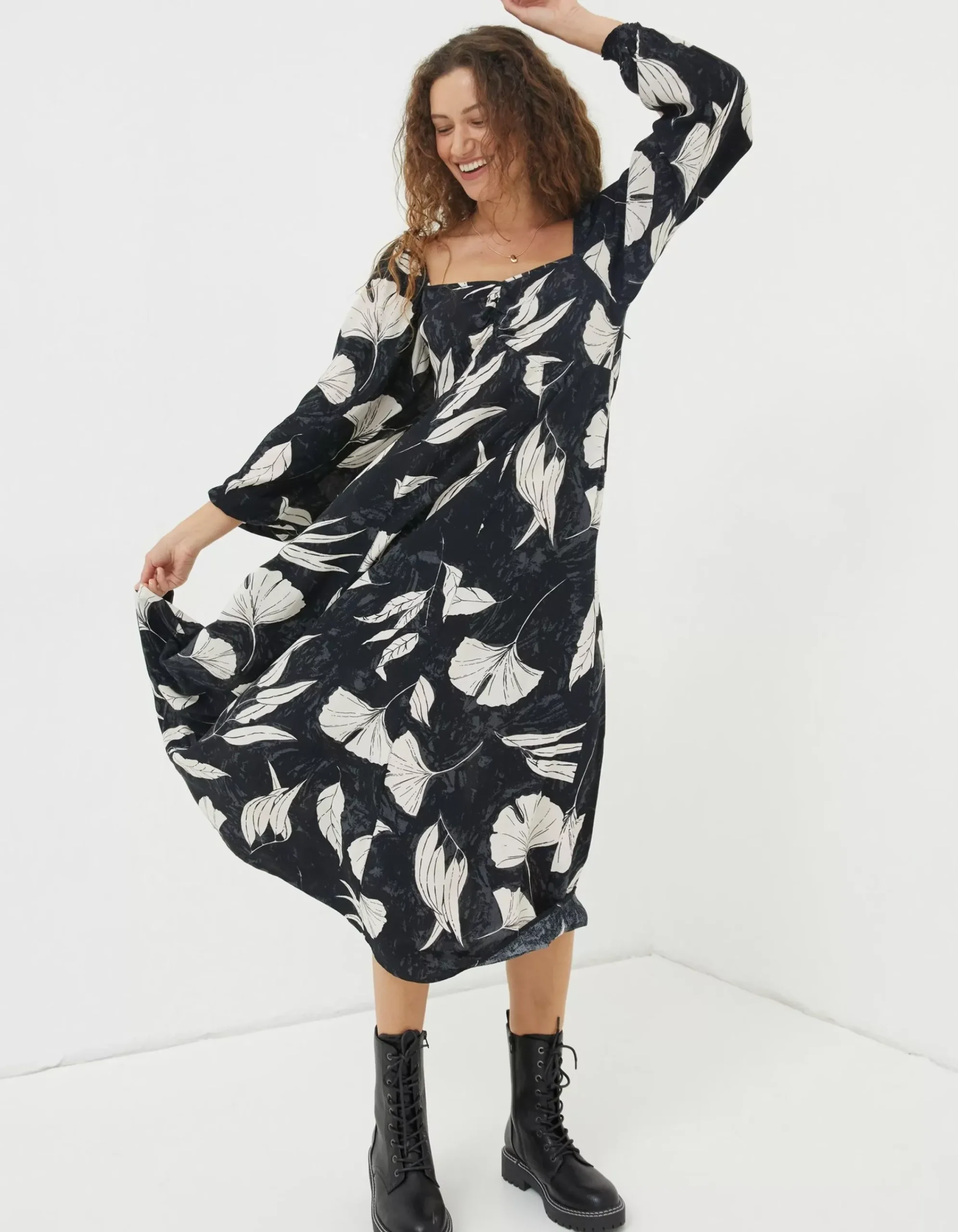 Women FatFace Dresses|Tessa Twilight Leaves Midi Dress